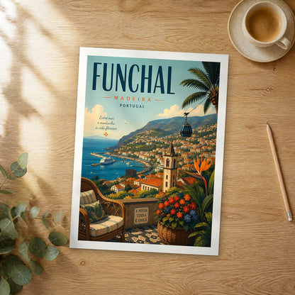 Unframed Funchal retro travel poster on a wooden table