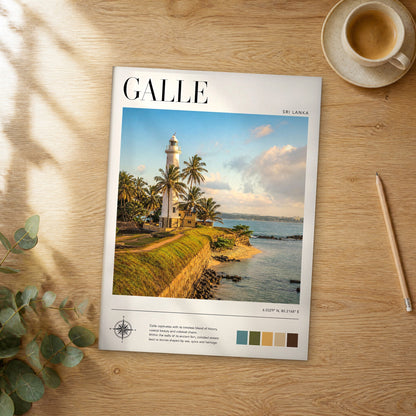 Unframed Galle modern photography travel poster on a wooden table