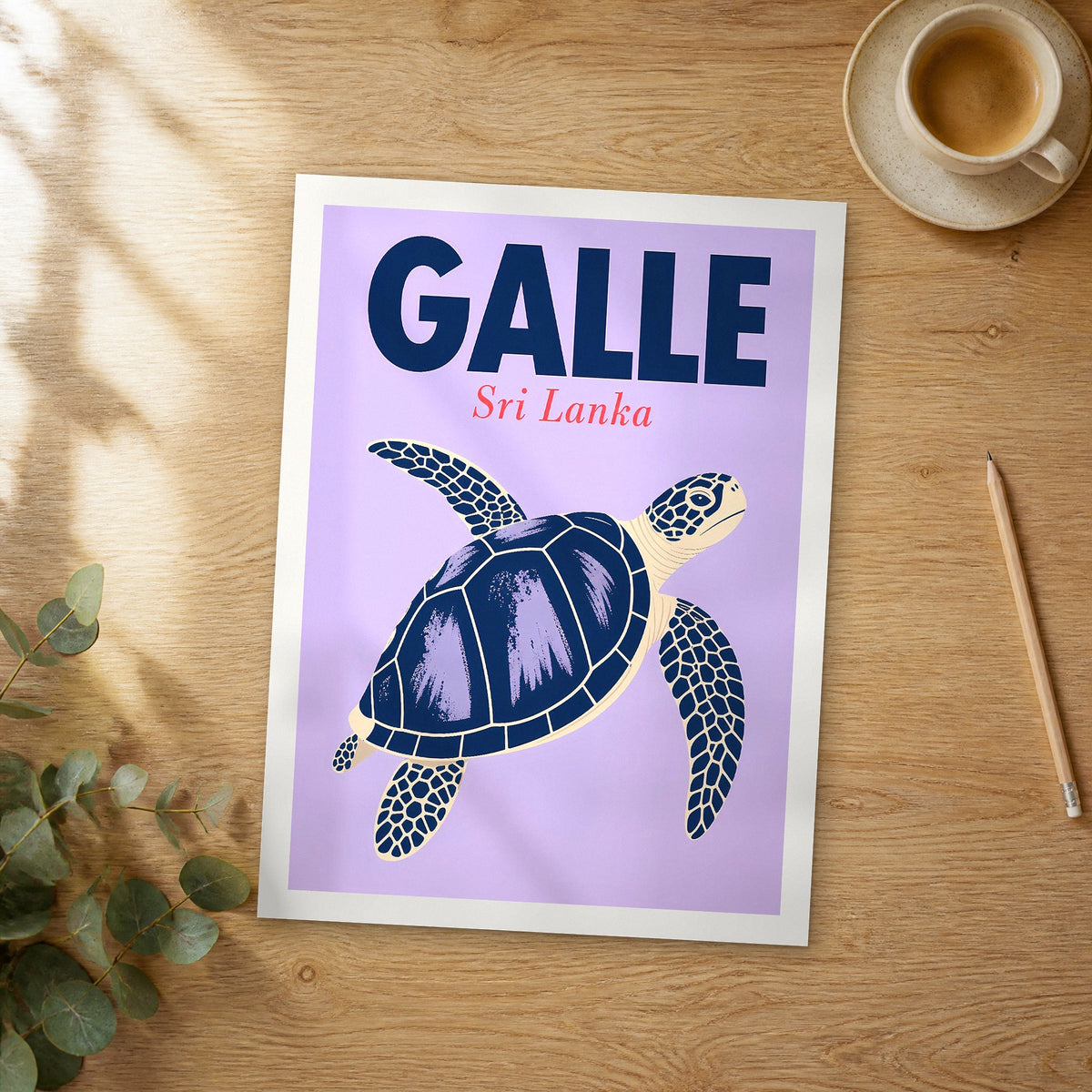 Unframed Galle pop art travel poster on a wooden table
