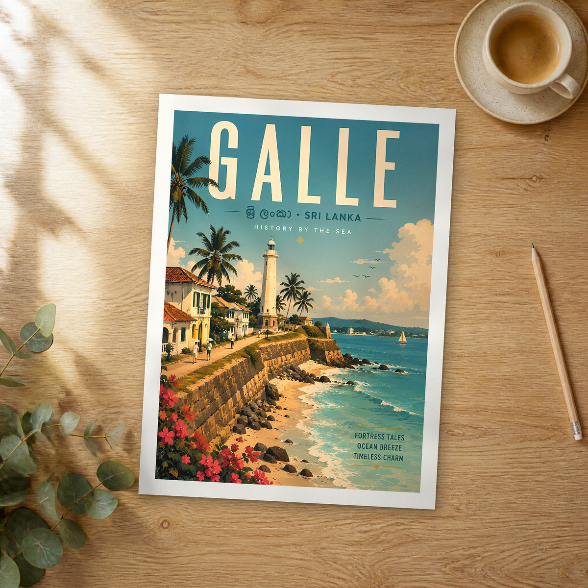 Unframed Galle retro travel poster on a wooden table