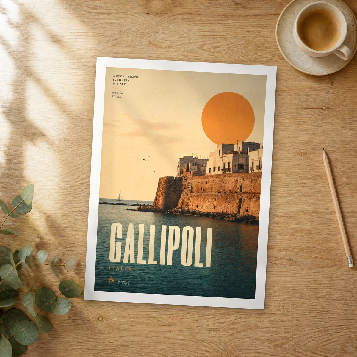 Unframed Gallipoli bold typography travel poster on a wooden table