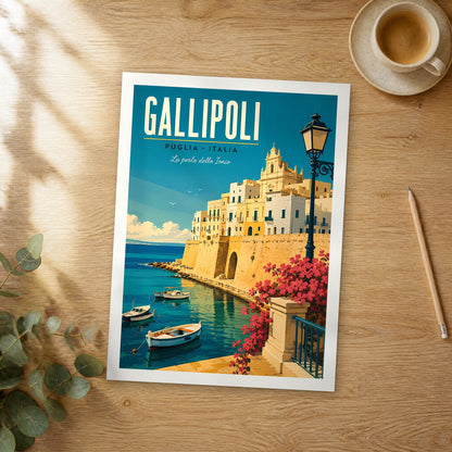 Unframed Gallipoli Old Town Sea Walls retro travel poster on a wooden table