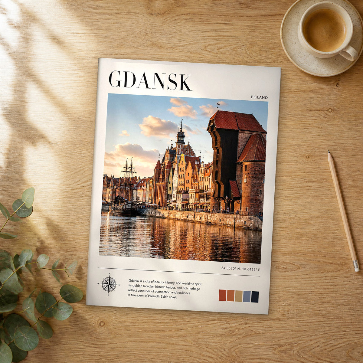 Unframed Gdansk modern photography travel poster on a wooden table