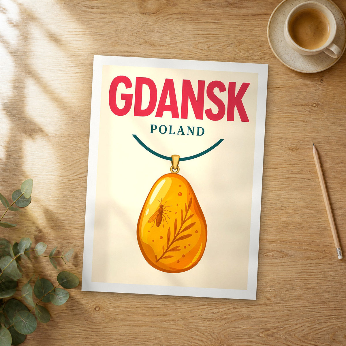Unframed Gdansk pop art travel poster on a wooden table