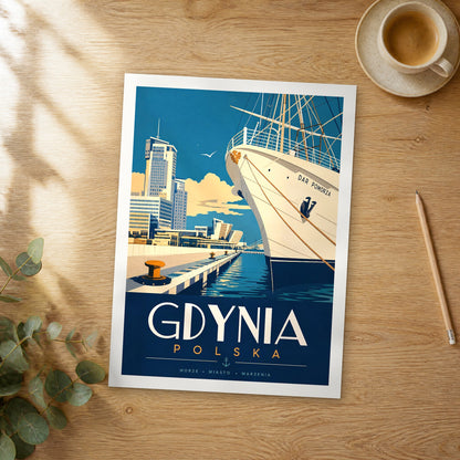 Unframed Gdynia retro travel poster on a wooden table