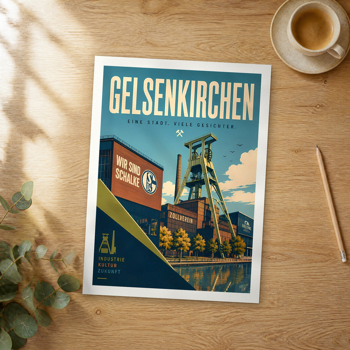 Unframed Gelsenkirchen retro travel poster on a wooden table