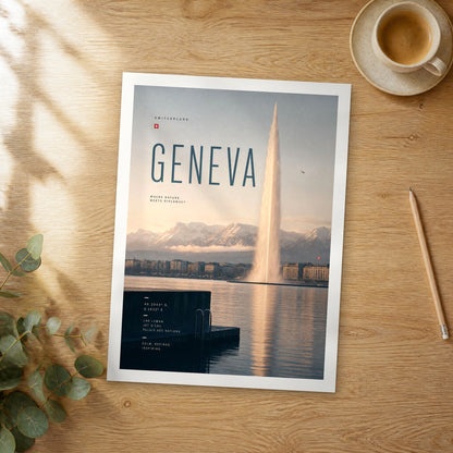 Unframed Geneva bold typography travel poster on a wooden table
