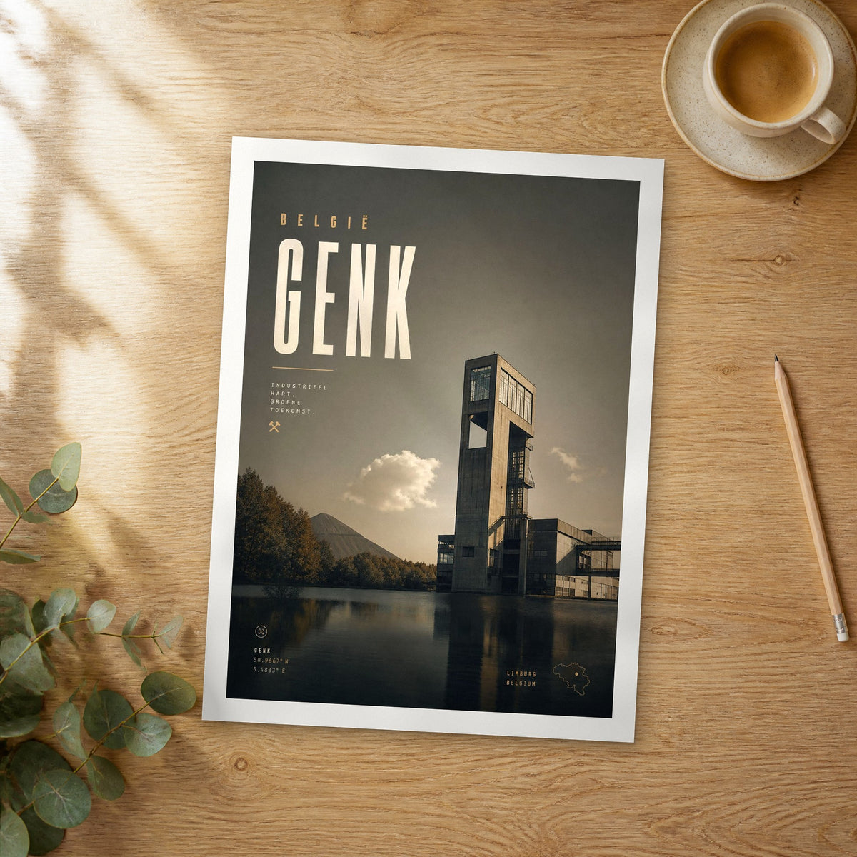 Unframed Genk bold typography travel poster on a wooden table