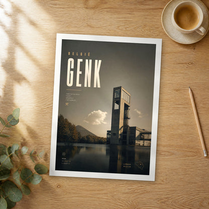 Unframed Genk bold typography travel poster on a wooden table
