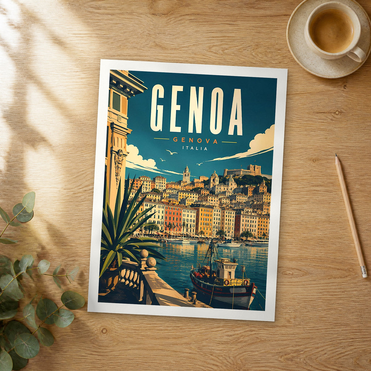Unframed Genoa retro travel poster on a wooden table