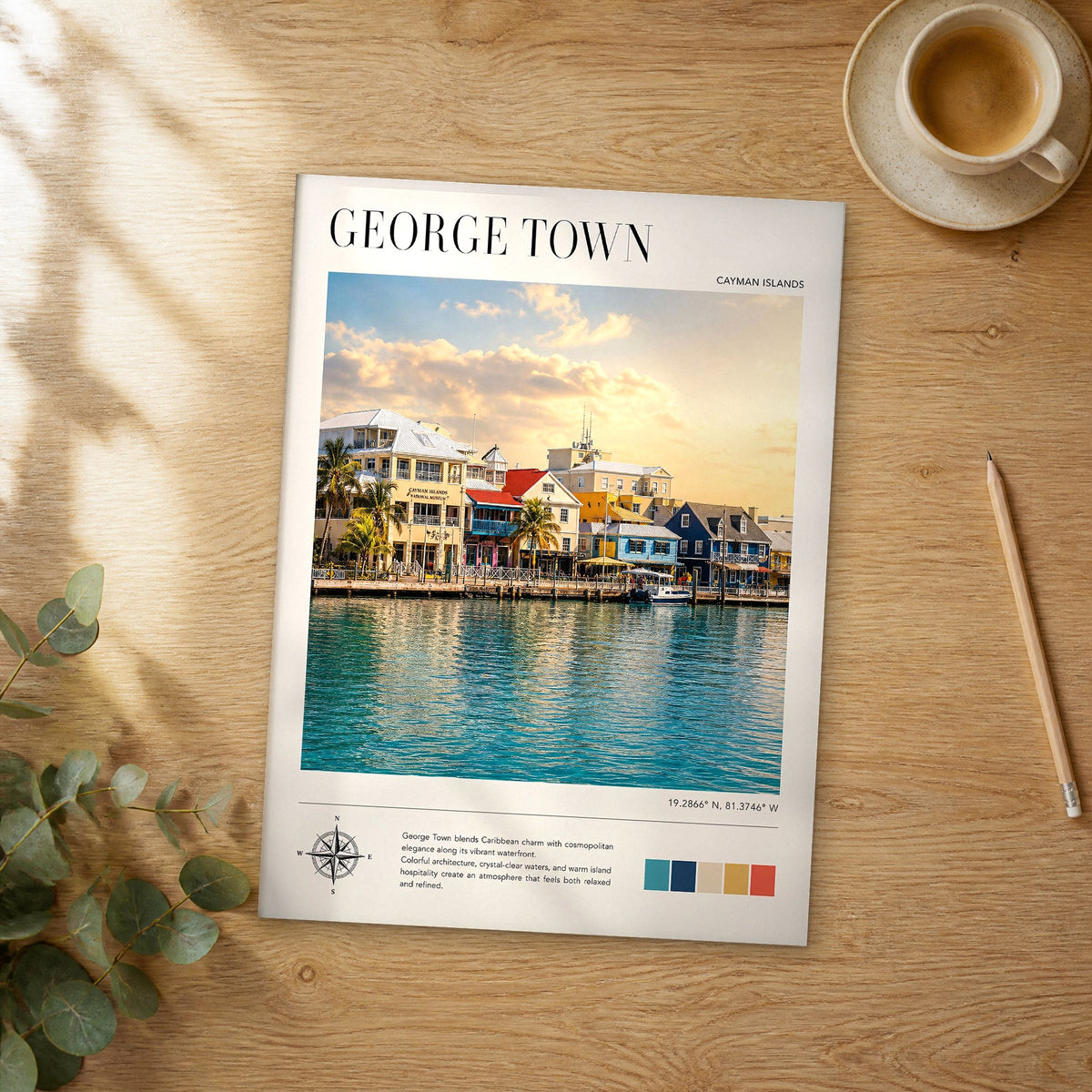 Unframed George Town modern photography travel poster on a wooden table