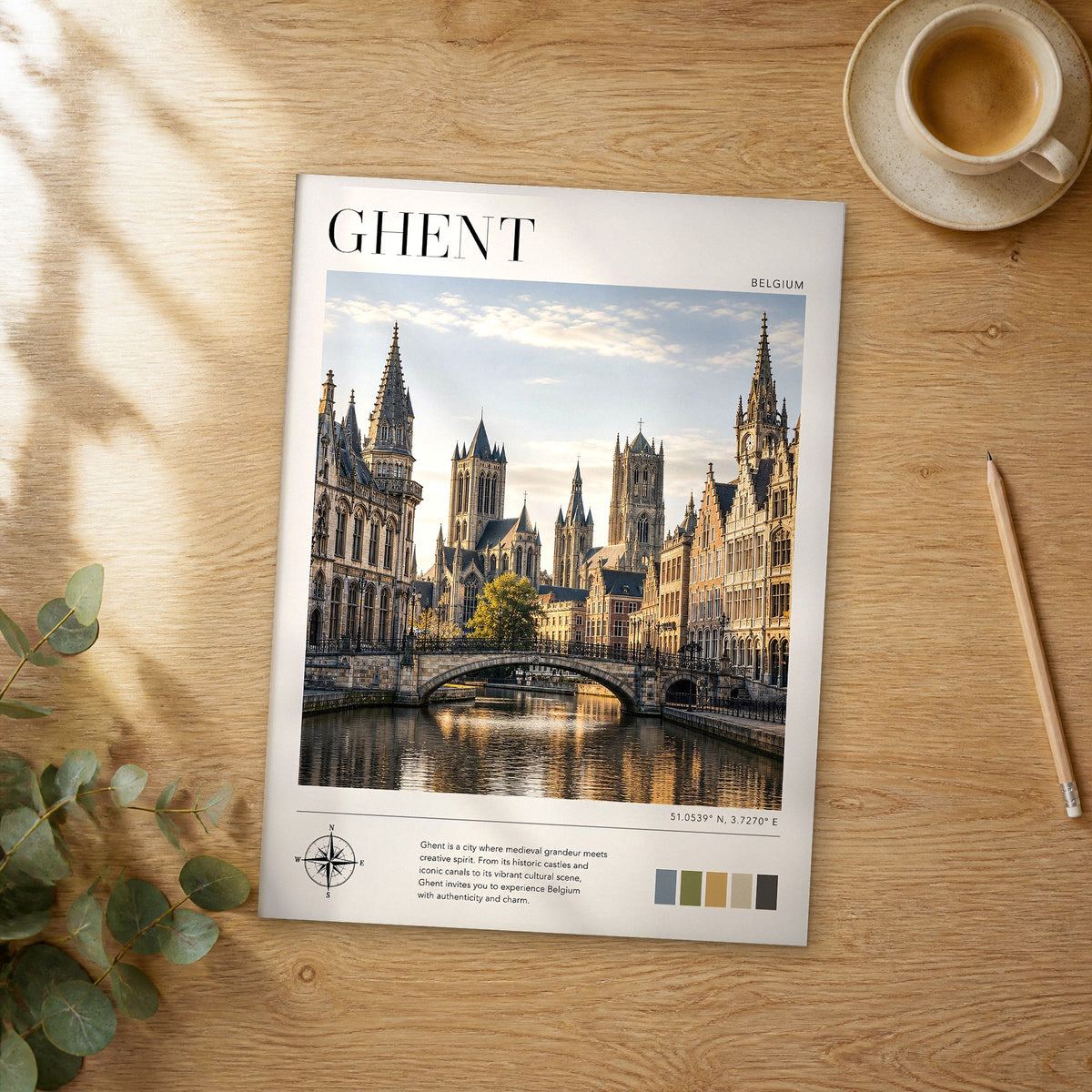Unframed Ghent modern photography travel poster on a wooden table