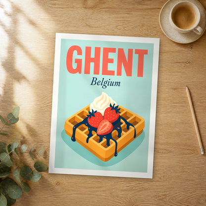 Unframed Ghent pop art travel poster on a wooden table