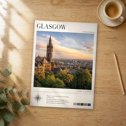 Unframed Glasgow modern photography travel poster on a wooden table