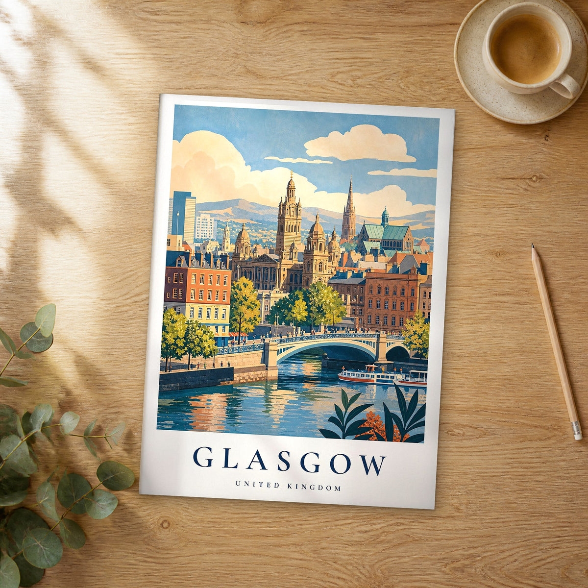 Unframed Glasgow vintage travel poster on a wooden table