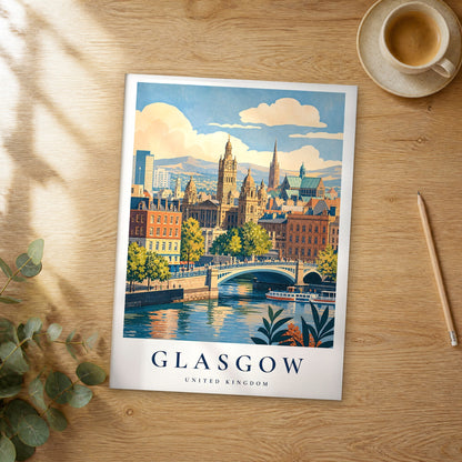 Unframed Glasgow vintage travel poster on a wooden table