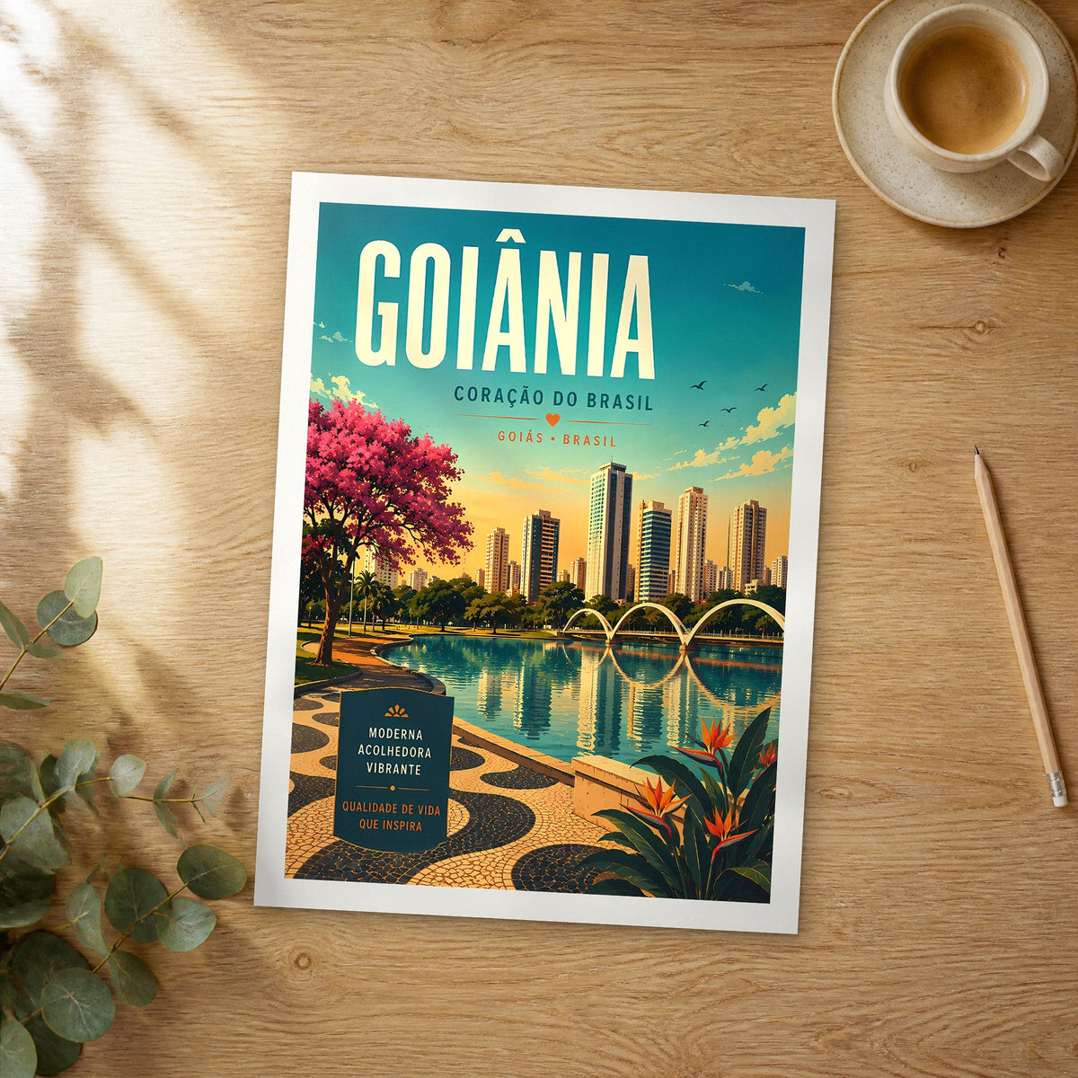 Unframed Goiânia retro travel poster on a wooden table