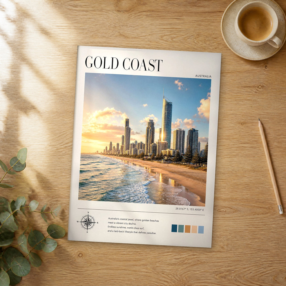 Unframed Gold Coast modern photography travel poster on a wooden table
