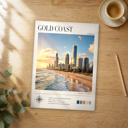 Unframed Gold Coast modern photography travel poster on a wooden table