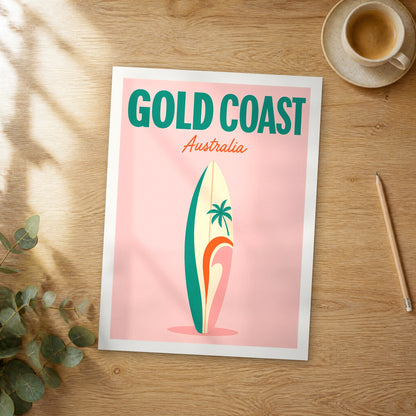 Unframed Gold Coast pop art travel poster on a wooden table