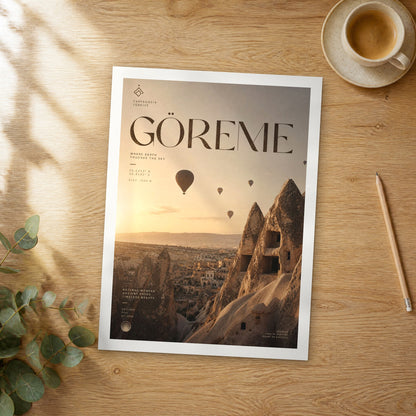 Unframed Göreme bold typography travel poster on a wooden table