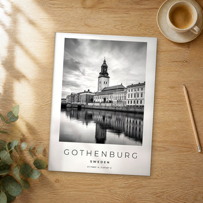 Unframed Gothenburg black and white travel poster on a wooden table