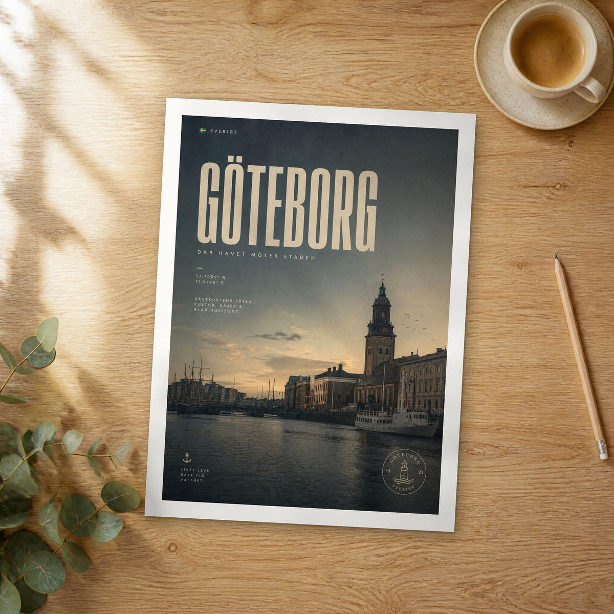 Unframed Gothenburg bold typography travel poster on a wooden table