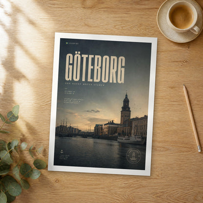 Unframed Gothenburg bold typography travel poster on a wooden table