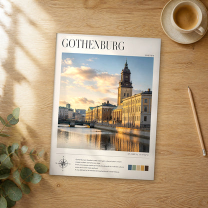 Unframed Gothenburg German Church modern photography travel poster on a wooden table