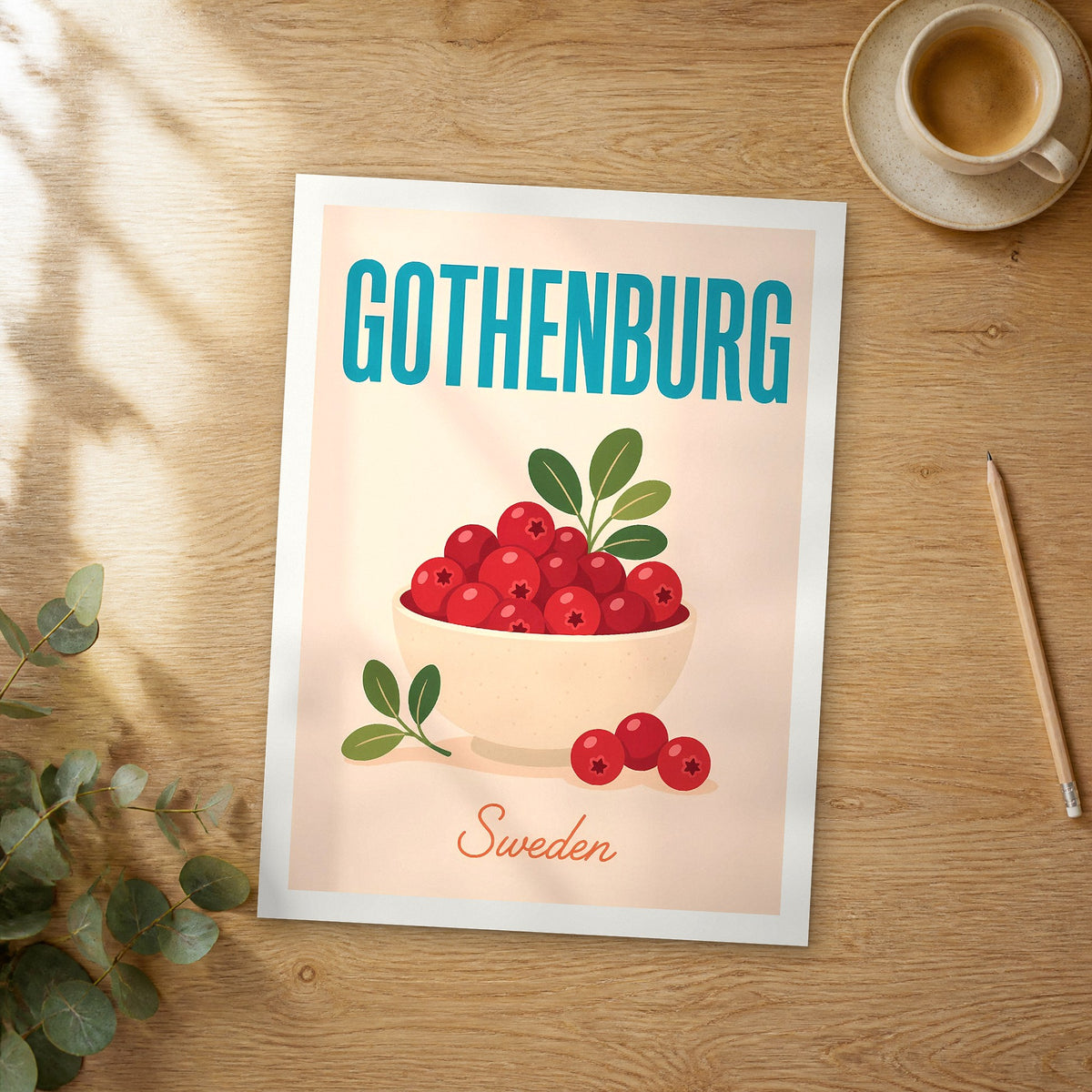 Unframed Gothenburg pop art travel poster on a wooden table