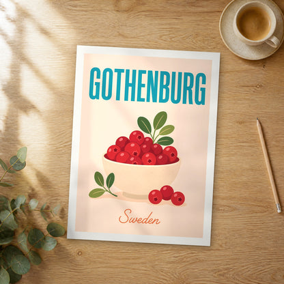 Unframed Gothenburg pop art travel poster on a wooden table