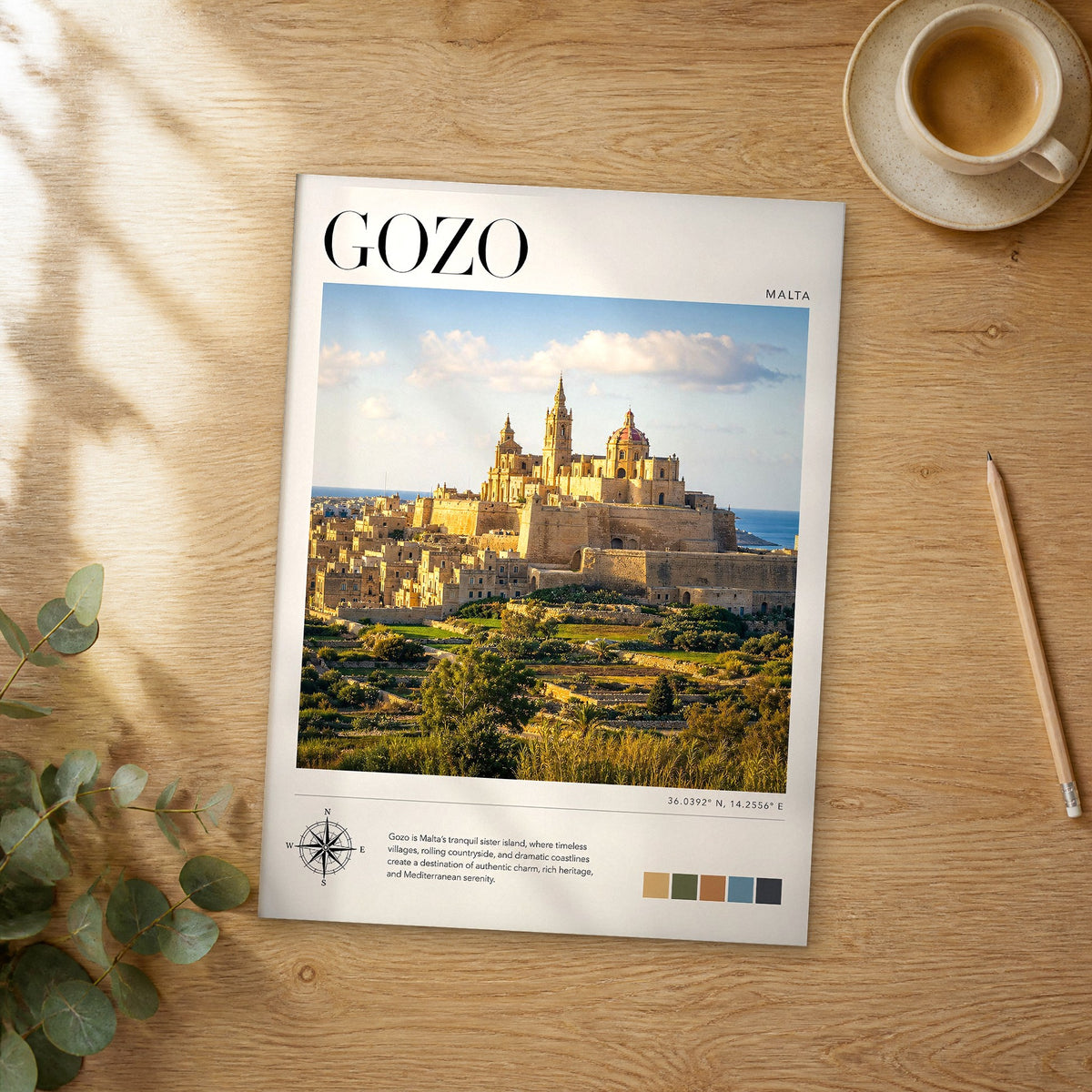 Unframed Gozo modern photography travel poster on a wooden table