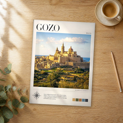 Unframed Gozo modern photography travel poster on a wooden table