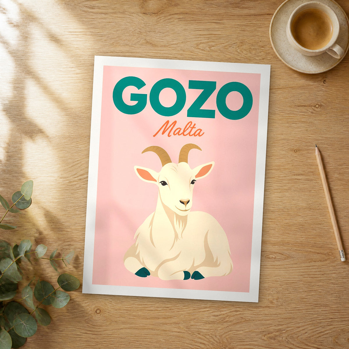 Unframed Gozo pop art travel poster on a wooden table