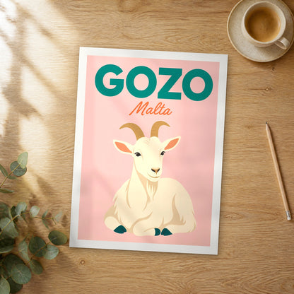 Unframed Gozo pop art travel poster on a wooden table