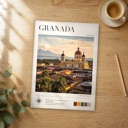 Unframed Granada modern photography travel poster on a wooden table