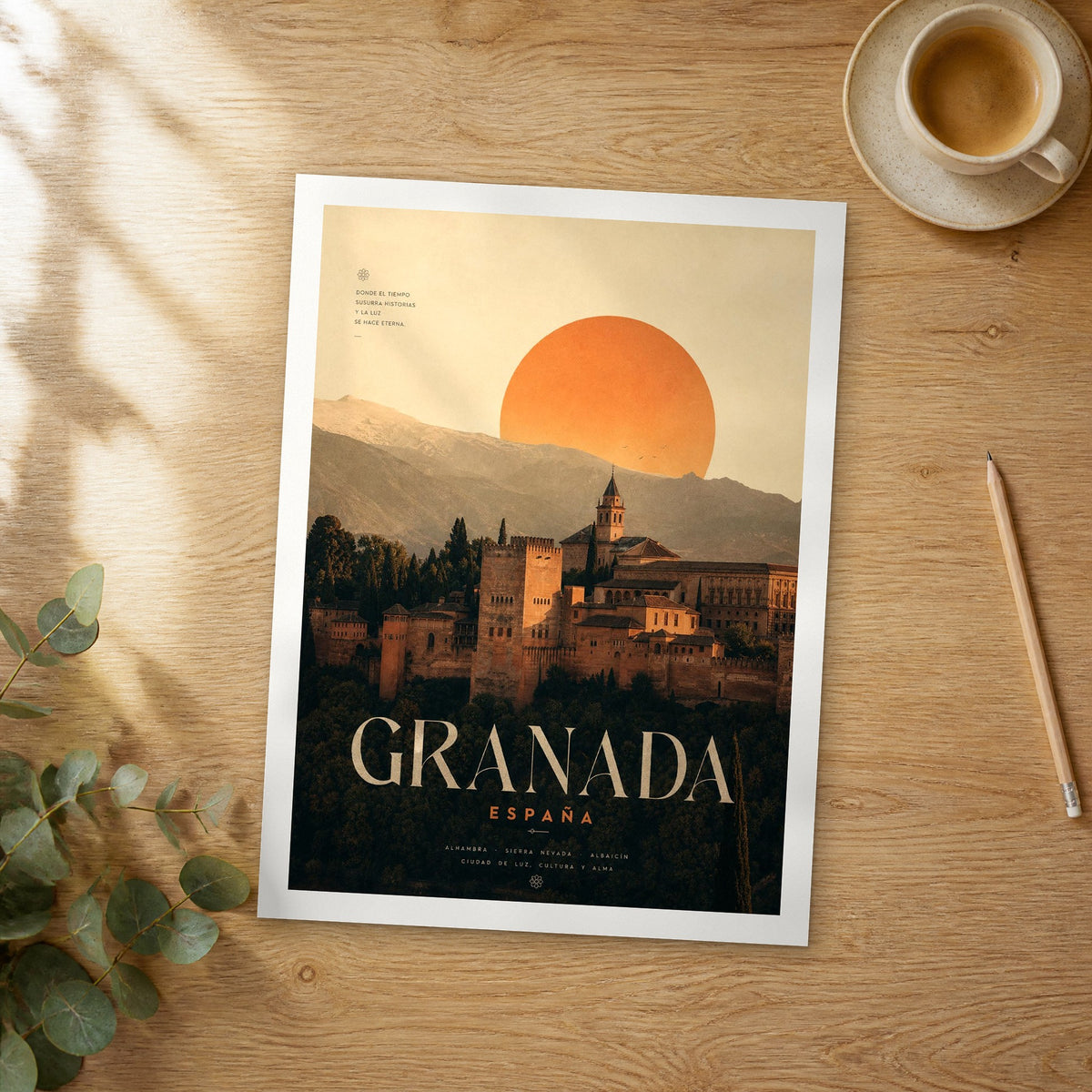 Unframed Granada bold typography travel poster on a wooden table