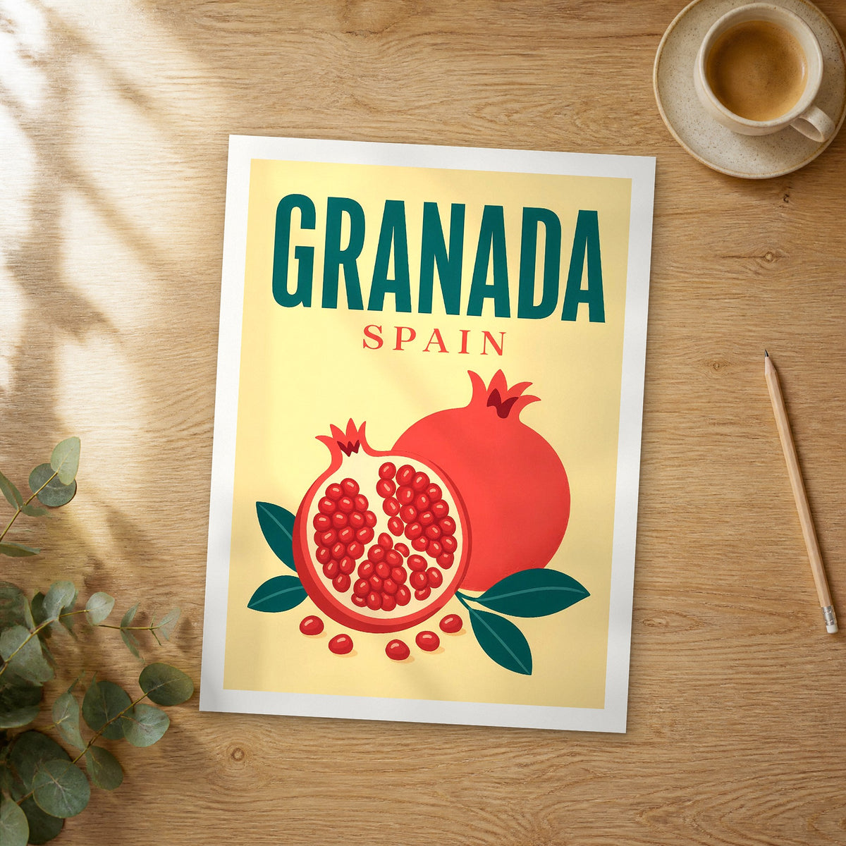Unframed Granada pop art travel poster on a wooden table