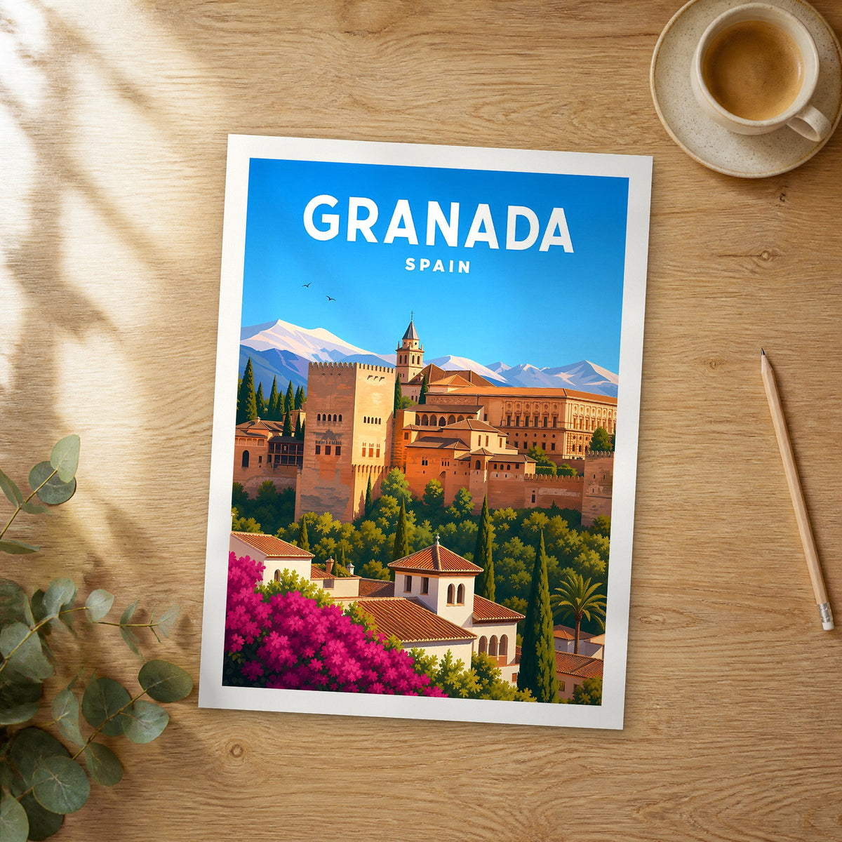 Unframed Granada vibrant digital travel poster on a wooden table