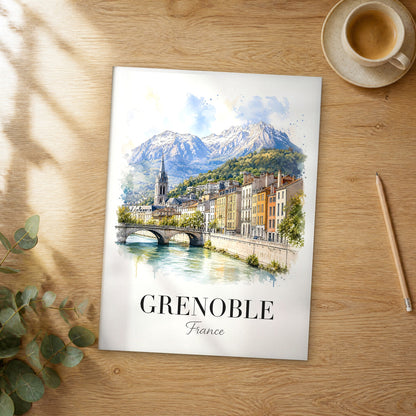Unframed Grenoble watercolor travel poster on a wooden table
