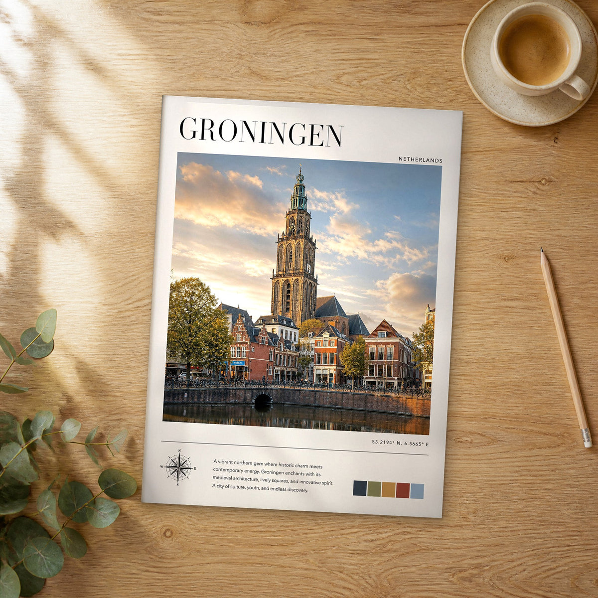 Unframed Groningen modern photography travel poster on a wooden table