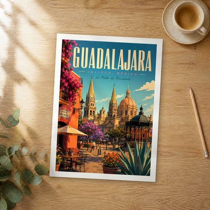 Unframed Guadalajara retro travel poster on a wooden table