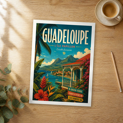 Unframed guadeloupe retro travel poster on a wooden table