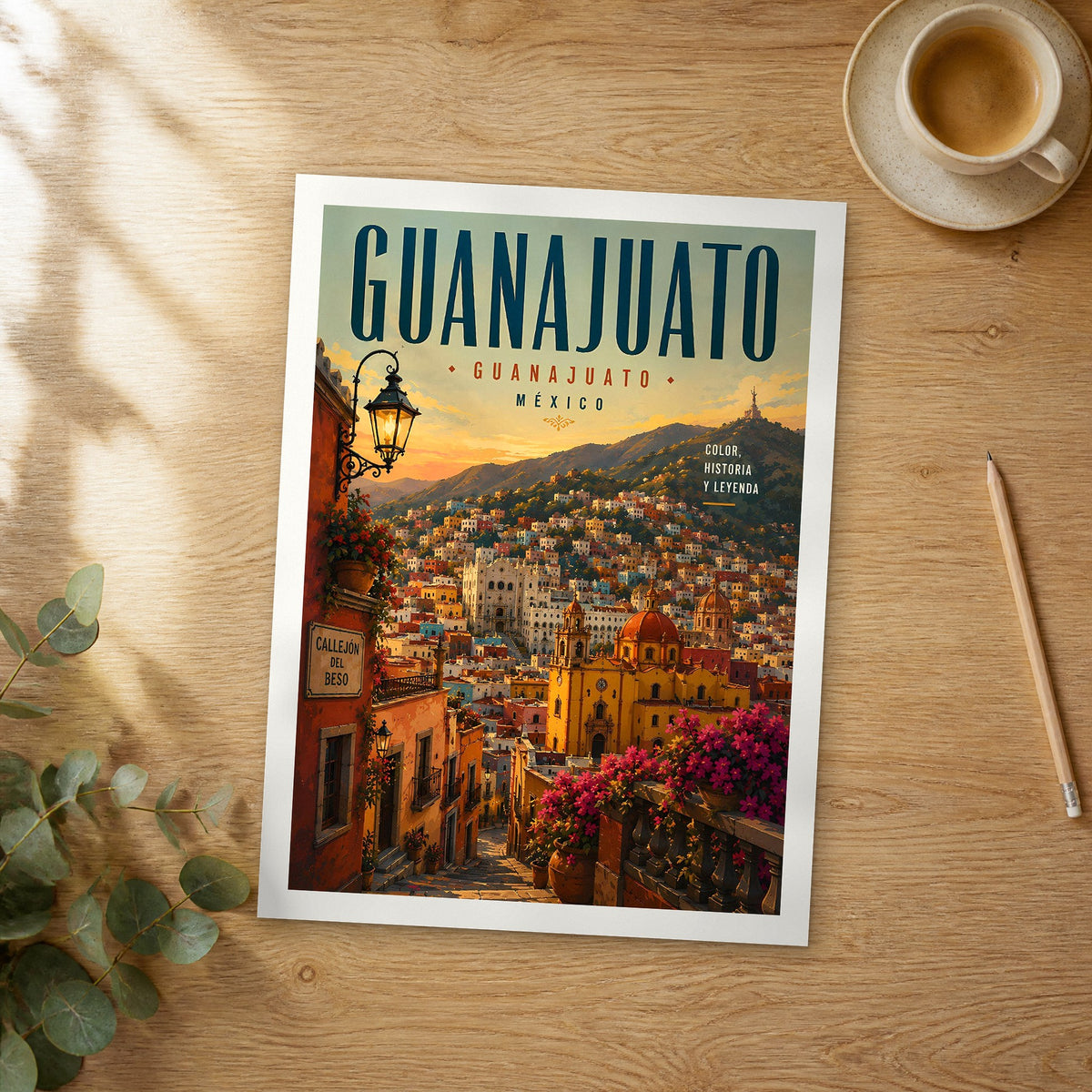 Unframed Guanajuato retro travel poster on a wooden table