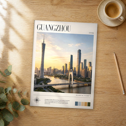 Unframed Guangzhou modern photography travel poster on a wooden table