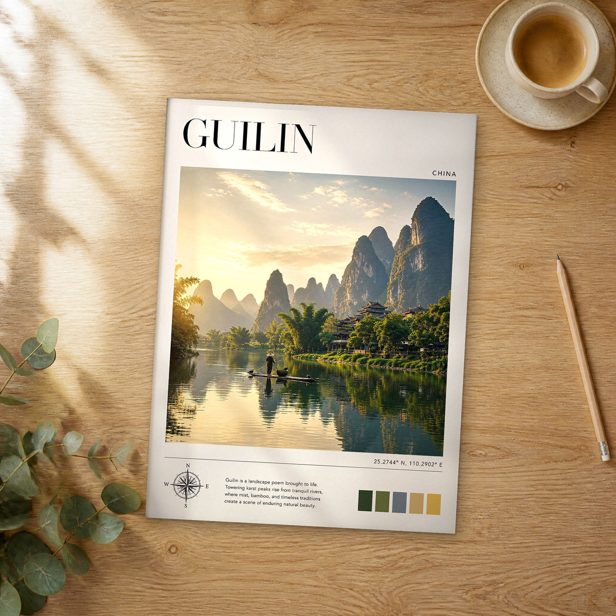 Unframed Guilin modern photography travel poster on a wooden table