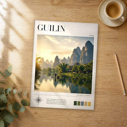 Unframed Guilin modern photography travel poster on a wooden table