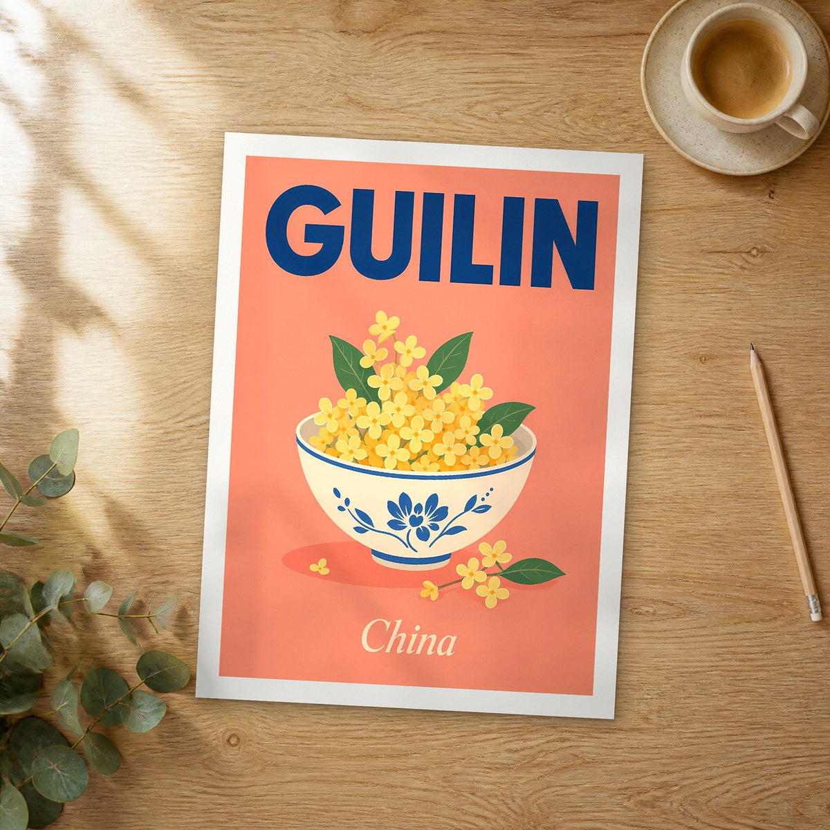 Unframed Guilin pop art travel poster on a wooden table