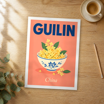 Unframed Guilin pop art travel poster on a wooden table