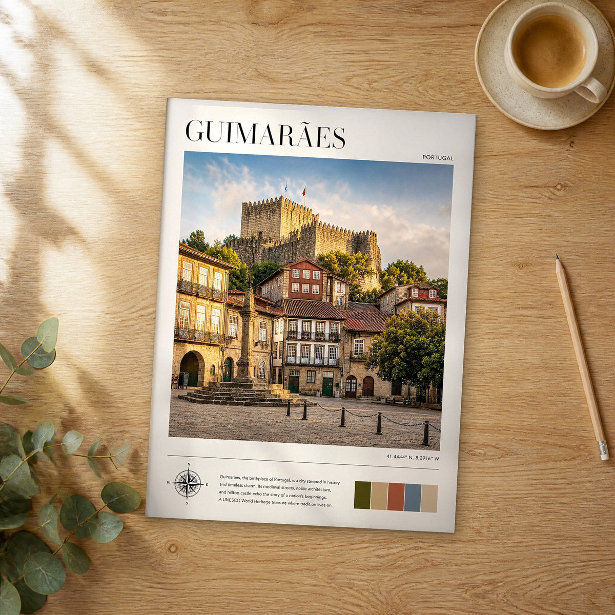 Unframed Guimarães modern photography travel poster on a wooden table